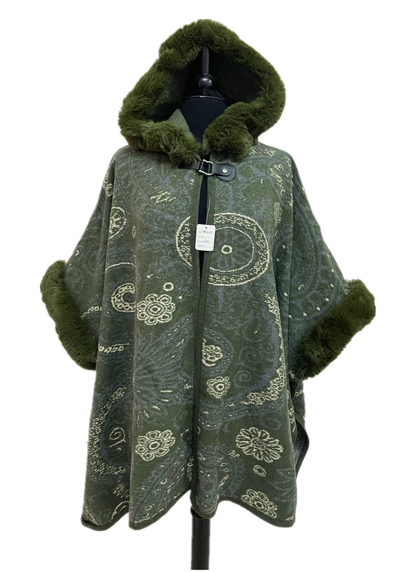 TX208 Flower and Paisley Pattern Faux Fur Cape with Hoodie