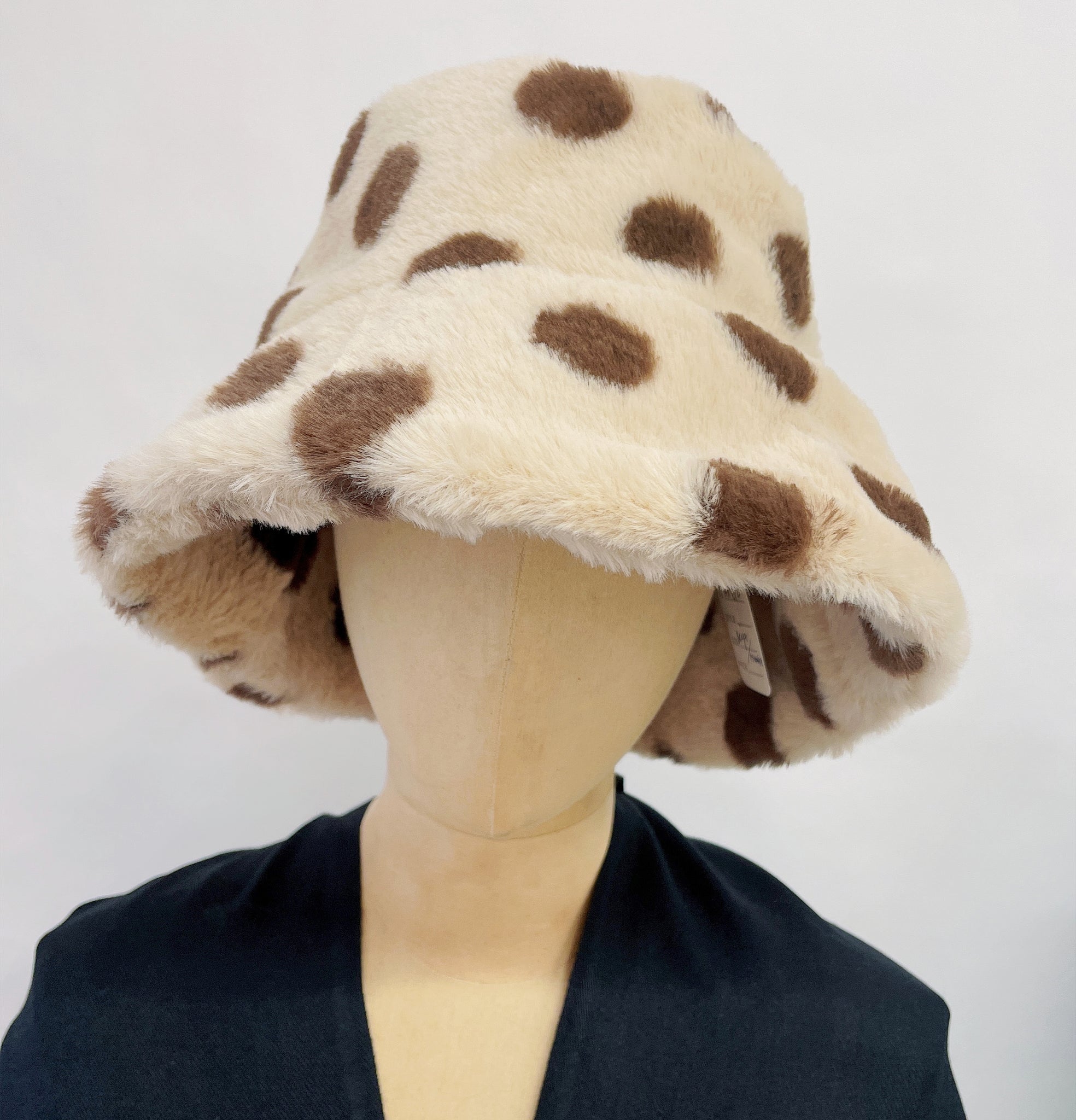 Women Bucket Hat,Women Bucket Hat Faux Fur Fluffy Polka Dots Wide